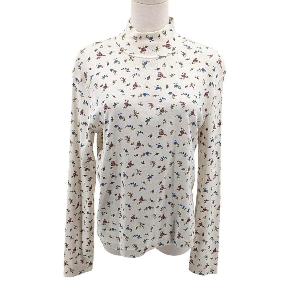 Floral Mock Neck Top Cotton Long Sleeve Ditsy Cottagecore Jones Sport L Vintage